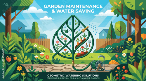 Garden Maintenance & Water Saving Vector Illustration with Geometric Watering Solutions and Sustainable Design