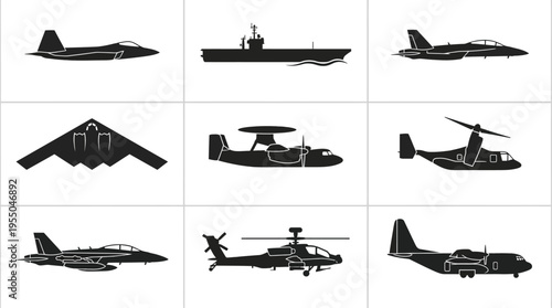A clearly labeled vector silhouette collection showcasing iconic United States military aircraft and a significant aircraft carrier, featuring the cutting-edge F-22 Raptor, the strategic B-2 Spirit 