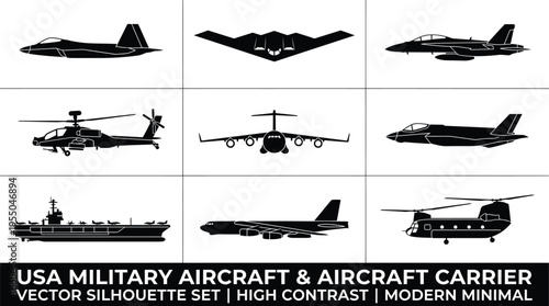 A comprehensive vector silhouette collection presenting key United States military aircraft and an imposing aircraft carrier, including the advanced F-22 Raptor, the stealthy B-2 Spirit bomber, versat