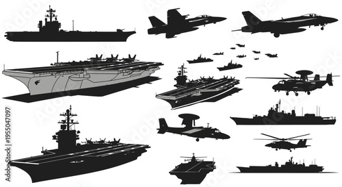 Military Navy Ships, Aircraft Carrier, Fighter Jets and Helicopter Silhouette Icons Set — Black Vector Illustration