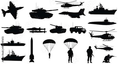 Soldiers, Paratroopers, Tanks, Fighter Jets, Helicopters, Submarines, and Navy Ships Vector Illustrations