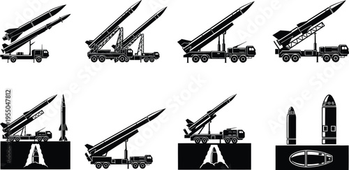 Tactical Ballistic Rockets, SAM Systems, and Military Defense Vehicle Vector Silhouettes
