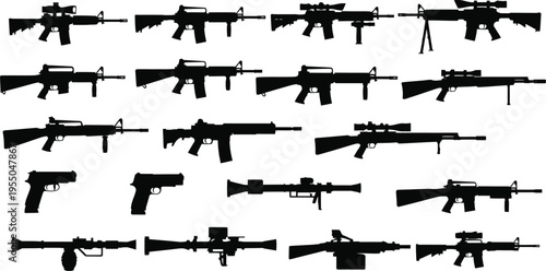 Black and White Graphic Illustrations of Rifles, Handguns, and RPGs for Game Design and Infographics