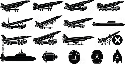Military Aircraft, Submarine, Missile and Weapon Silhouette Icons Set Black Vector Illustration