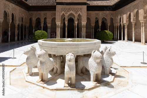 Fountain of the Lions in Alhambra Palace courtyard, Granada, Spain