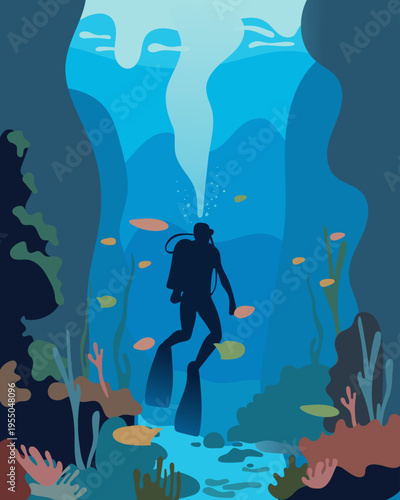 Underwater Explorer: A Vibrant Vector Illustration Depicting Marine Life and Deep Sea Diving. Perfect for wall art, posters, and aquatic-themed decorations, highlighting ocean exploration and life.