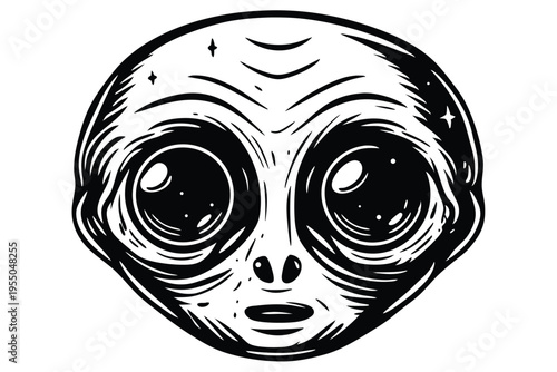 Black and white artistic depiction portrays an alien's face with big eyes clearly visible