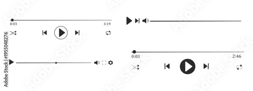 Video music player display frame, line doodle bar with buttons, progress line, sound. Hand drawn border, media window. Panel icon,