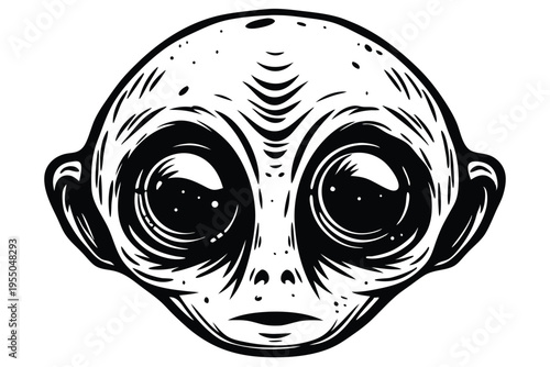 Black and white drawing depicts a stylized alien face with large eyes and markings