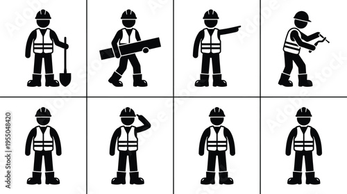 Eight Black Silhouette Construction Workers in Different Poses on a White Background builder laborer