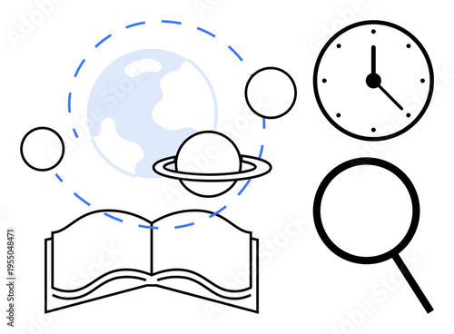 Open book with planets, Earth, and magnifying glass symbolizing research, learning, science, and innovation. Clock conveys time management. Ideal for education, exploration astronomy research