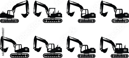 Eight black silhouette excavator icons in different poses and angles on a white background digger construction equipment