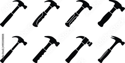 Eight Black Silhouette Hammers on White Background claw hammer ball-peen hammer