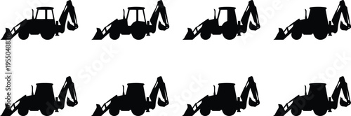 Eight black silhouette icons of a backhoe loader from different angles on a white background excavator