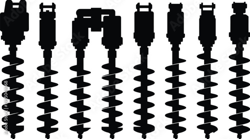 Eight black silhouette icons of augers and drill bits in various designs and sizes drilling tool earth auger