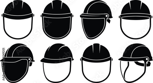 Eight Black Silhouette Icons of Construction and Safety Helmets With Face Shields hard hat industrial