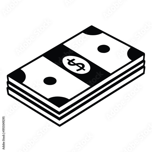 A monochrome money stack showing wealth with three bundles and dollar symbol