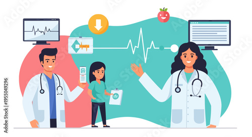 Doctors and patient with medical technology, ECG, digital health, healthcare and telemedicine concept