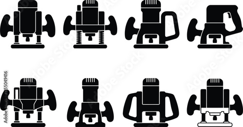 Eight black silhouette icons of handheld electric routers with different handle and base designs power tool