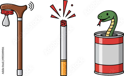 A collection of classic novelty prank items including a light-up cane, a burning cigarette that sparks, and a snake emerging from a can.