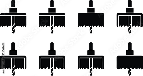 Eight black silhouette icons of hole saws with drill bits in different stages of cutting tool industrial