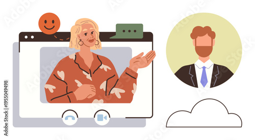 Remote work, team collaboration, virtual meetings, video communication, digital networking, online tutorials. Woman in video call gesturing and profile of a man. Remote work and team collaboration