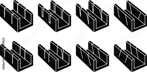 Eight black silhouette icons of miter boxes with different slot configurations for angled cuts woodworking
