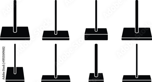 Eight Black Silhouette Icons of Mops with Square Bases and Handles cleaning tool