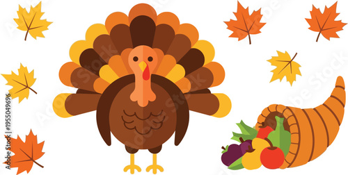 A cartoon turkey stands near a cornucopia filled with fruit surrounded by autumn maple leaves for a holiday design.