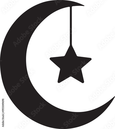 Black Crescent Moon with Hanging Star Silhouette Isolated on White Background Celestial Symbol
