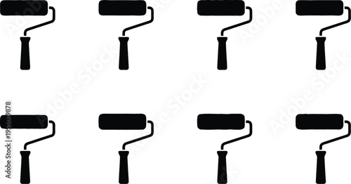 Eight Black Silhouette Icons of Paint Rollers on White Background tool painting