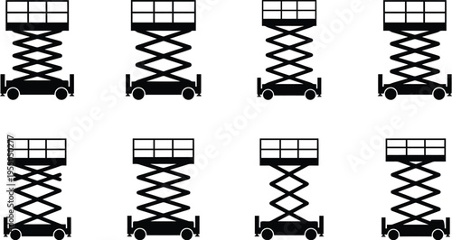 Eight black silhouette icons of scissor lifts at different heights and configurations on a white background