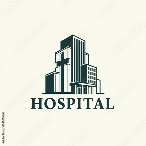 Modern hospital building illustration with "Hospital" text on a bright studio background.