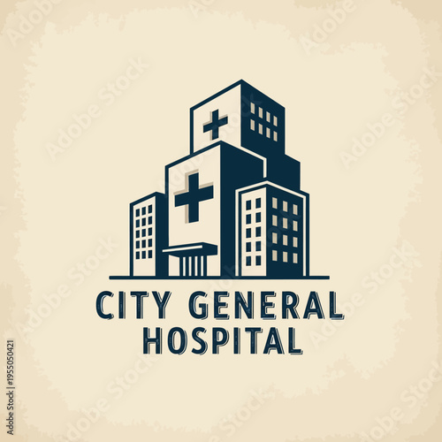 City General Hospital building logo with cross symbol and text on a bright studio background.