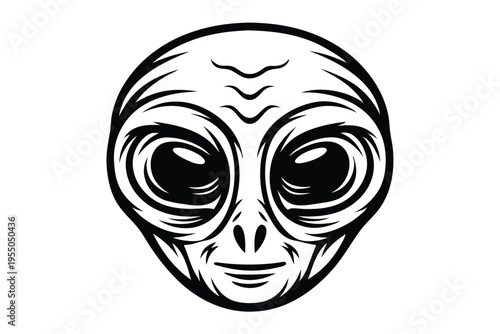 Stylized monochromatic drawing shows an alien face with big eyes and smooth skin