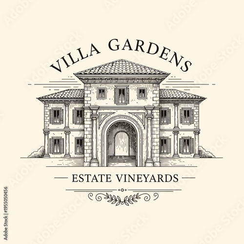 Classic villa mansion building with "Villa Gardens Estate Vineyards" text in a detailed line art illustration on a bright studio background.
