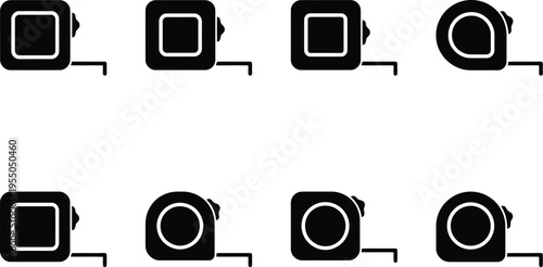 Eight black silhouette icons of tape measures in various orientations on a white background measuring tape