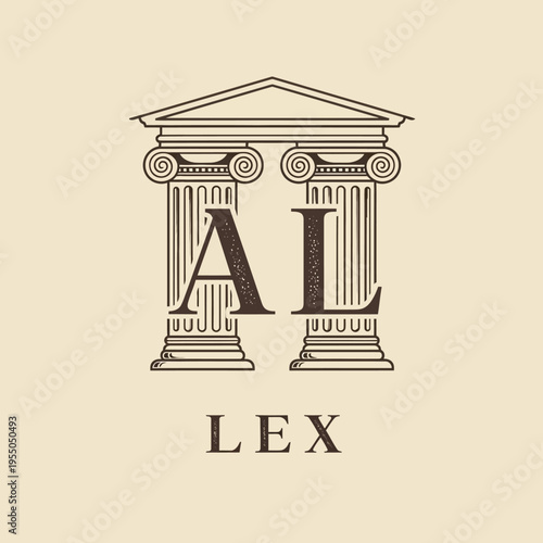 Classic law firm logo featuring Greek architectural columns and initial letters AL LEX on a bright studio background.