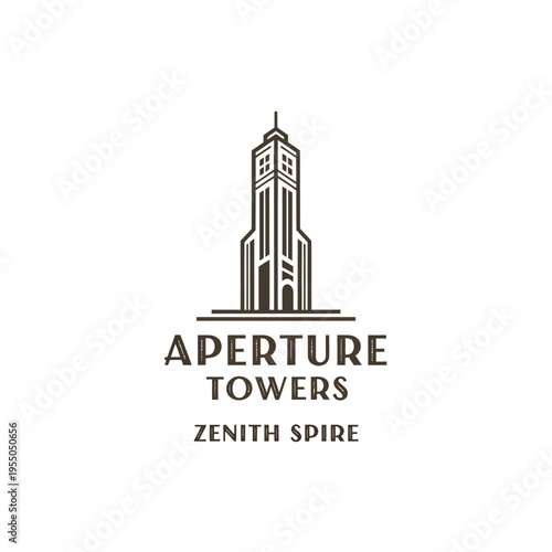 Elegant art deco skyscraper logo for Aperture Towers Zenith Spire on an isolated white background.
