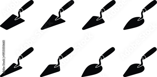 Eight Black Silhouette Icons of Trowels with Various Blade Shapes tool hand tool