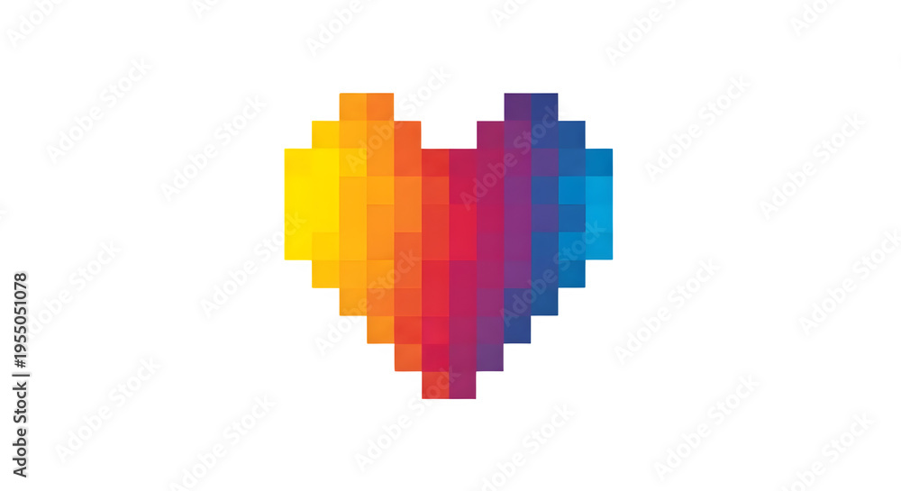 Fototapeta premium A vibrant pixel art heart glows with a multicolored design on a transparent background.