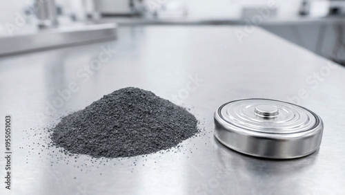 A pile of dark raw graphite powder next to a polished metal coin cell battery on a steel table