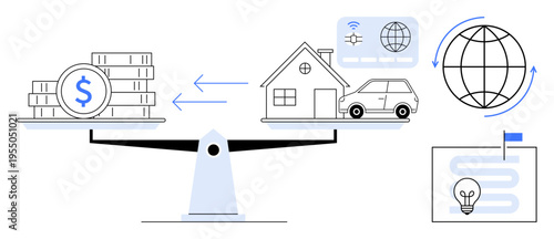 Financial concept. Financial balance illustrated with scales, comparing money, property, and global links. Financial tools and decisions in personal finance and investments. Best for finance