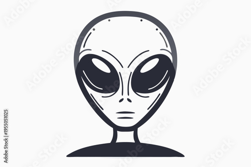 Monochrome alien face features large dark eyes and distinct head shape against a plain background