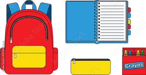 A bright red and yellow backpack sits next to an open spiral notebook, pencil case, and box of crayons.