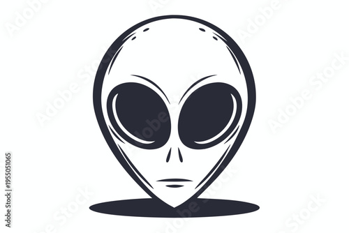 Monochrome alien face shows extraterrestrial features with oversized eyes and a minimalist design