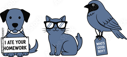 Cartoon pets displaying humorous excuses and classroom mishaps are isolated on a white background.