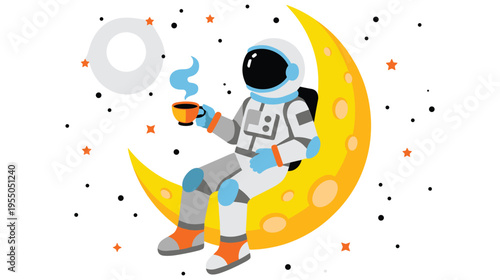 Astronaut drinking coffee on moon enjoying stars and planet