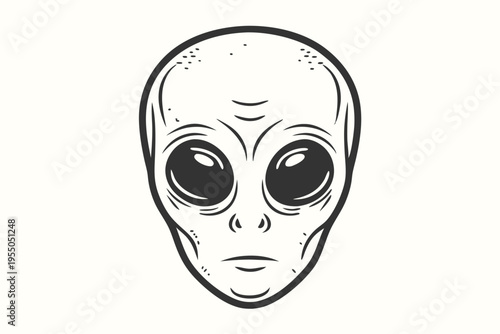 shows a gray alien head with dark eyes and features stands out