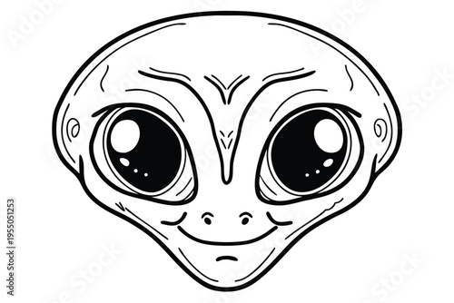 Alien face with big black eyes smiles mysteriously in this hand drawn outline
